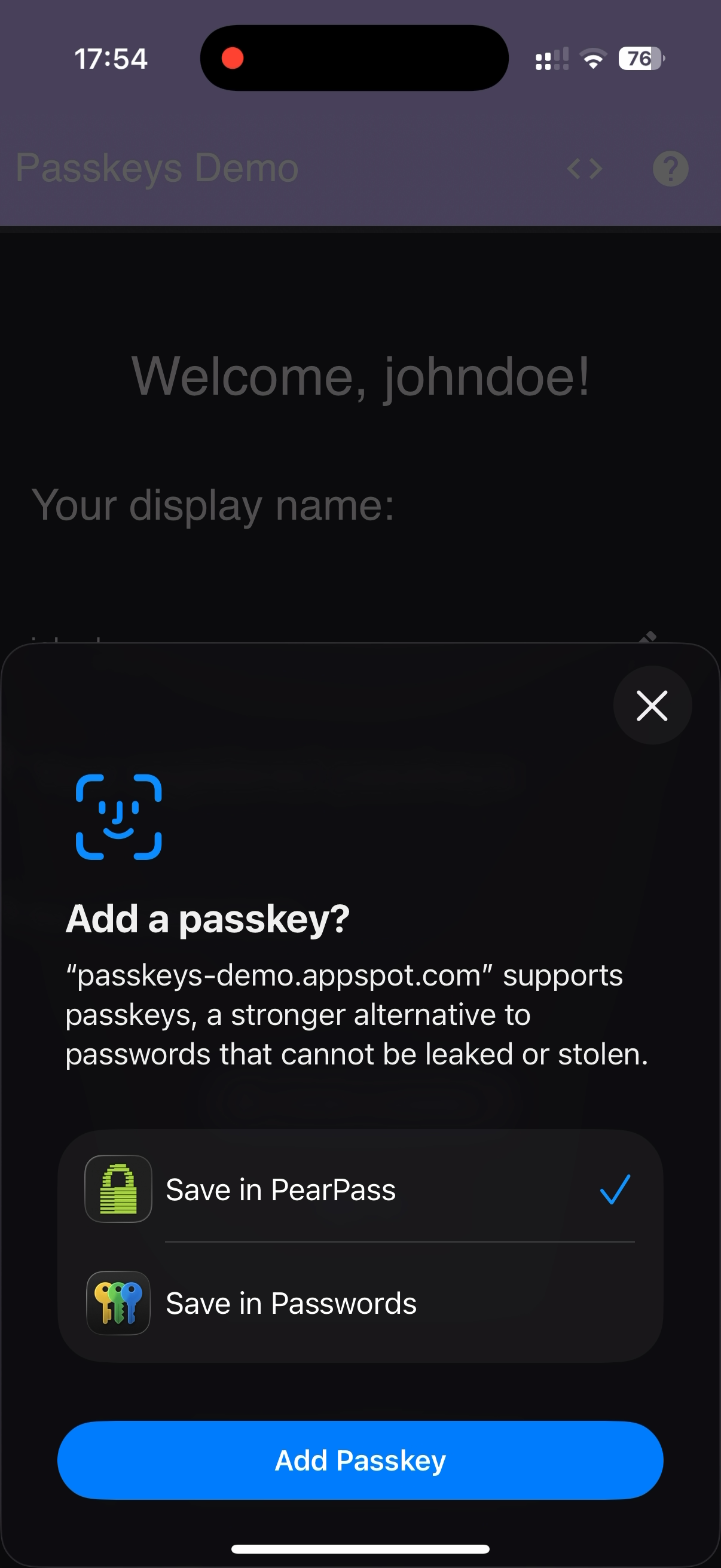 Start passkey creation
